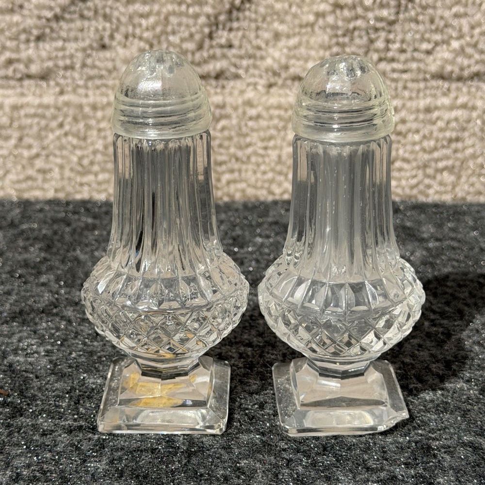 Bohemia Crystal Glass Salt and Pepper Shakers Set Vintage Diamond Cut Clear Read
